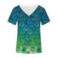 Байкосин блузи с къс ръкав за женския лятния печат v врата дантелена дантела за шевове флорален геометричен модел модна тениска