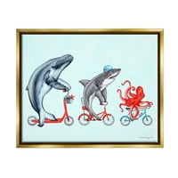 Ступел индустрии водни Морски Живот Животни езда велосипеди червен акцент графично изкуство металик злато плаваща рамка платно печат стена изкуство, дизайн от Амели Лего