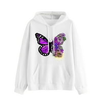 Баок Суитчъри За Жени, Дамски ежедневни пеперуда печат Пуловер Качулати джоб Дълъг ръкав Суитчъри туршия суитчер бели с
