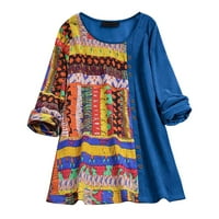Hanzidakd върхове за жени плюс размер на върховете на женския етнически вятър печат цвят сблъсък с дълъг ръкав кръгла шия пуловер сплайсинг топ тениска