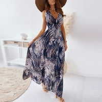 Рокли за жени мода лято в-врата къс ръкав Глезена дължина Отпечатани А-линия Ваканция рокля темперамент синьо л