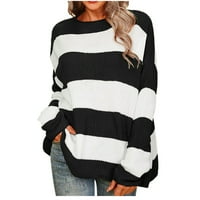 Woemns пуловер с дълъг ръкав Caual Fashion Crew Color Color Block Striped Knit Pullover Soft Usy Trendy Basic Jumper
