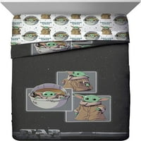 Междузвездни войни Мандалорският любопитен комплект за двойно легло - Включва обратим утешител и комплект за лист - Спеленяване Характеристики на детето бебе Yoda Grogu - Super Soft