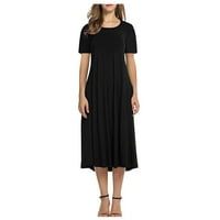 Летни рокли за жени със средна дължина късо ръкав мода a-line солидна рокля с кръгло деколте черна m
