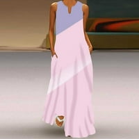 Женска рокля за смяна на V-образно деколте винтидж джоб за без ръкави отпечатани плажни партита с пълна дължина рокля