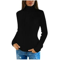 Сладки дамски пуловери Женски дълъг ръкав твърд цвят горен висок врат тънък пуловер с висок пуловер с шия черен xxxl