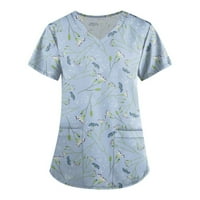 Дамски върхове кръгло деколте отпечатана блуза ежедневни жени тениски с къс ръкав летни туники ризи светлосини s