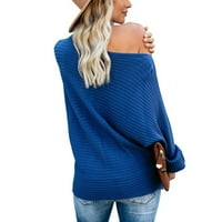 Женски лъжичка шия оребрен пуловер с дълъг ръкав свободен прилепнал топли ежедневни плетени върхове пуловери