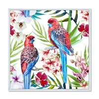Дизайнарт 'Розела Птици, Седящи На Цветя Клон Дърво' Традиционна Рамка Платно Стена Арт Принт