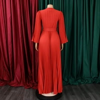 Дамски макси рокли дълбоки v врат плюс размер дълги ръкави с колан вечерни рокли червен XL