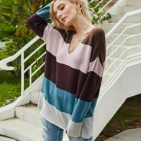 V пуловери за шия за жени падат зимен клирънс, жени модни свободни цветови контрасти удобни дълги ръкави пуловерни върхове