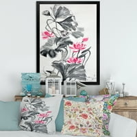 Дизайнарт 'Розово винтидж лотосово цвете и монохромни листа' традиционен Арт Принт в рамка