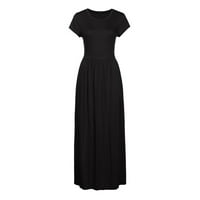 Клирънс Летни рокли за жени Макси къс ръкав Мода А-линия отпечатани Лъжичка врата рокля черно с