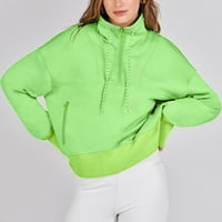 Fsqjgq Дамски модни модни големи качулки суичър солиден цвят квартал цип пуловер с теглене с дълъг ръкав яке е паднал тоалети, зелено l