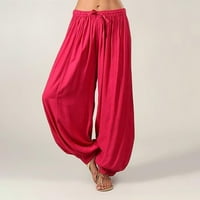Панталони за жени широк крак плюс размер солиден йога товарен панталони панталони Просверие червено L