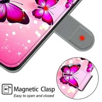 Elepower for Galaxy S 6.2 Flip Wallet Case, PU кожен калъф с карта с слот за карти и каишка за каишка за китка за жени, розово летяща пеперуда