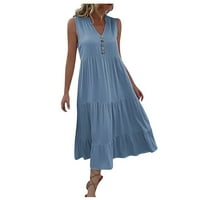 Дамски рокли в-Деколте Мода масивна средна дължина А-линия лятна рокля без ръкави Светло синьо М
