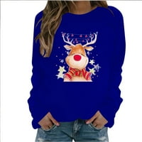 Суитчър за женски пуловер Небрежен коледна щампа с дълъг ръкав кръгла шия топчета блуза, син XL