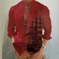 Ризи за копче за мъже свободни годни винтидж кораб принт с дълъг ръкав стойка яка кардиганска риза ежедневна мода дишащи блузи върхове червени l