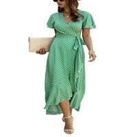 Sanviglor жени Макси рокли v Врат Sundress Floral Print Tunic рокля Разхлабена празнична празнична зелена xxl