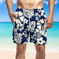 Puawkoer Men's Summer Special Printed Beach Кратко ежедневни модни къси панталони Разхлабени връзки джобове дъска летни меки шорти мъжки къси панталони 5xl тъмно синьо
