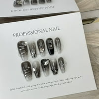 Yeahmol Натиснете на ноктите фалшиви нокти Чинестони Пълно покритие Акрилни черни фалшиви нокти за жени и момичета, Ms размер