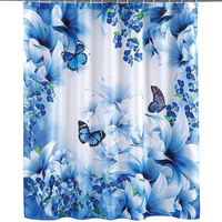 Амертна завеса за душ за баня с пръстен, дизайн на пеперуди, полиестерна тъкан 70 x70 синьо