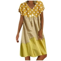 Жени дължина на коляното a-line късо ръкав мода v-neck лятна отпечатана рокля жълта l