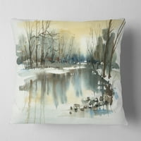 Река дизайнарт през зимата - пейзажна живопис възглавница за хвърляне-18х18
