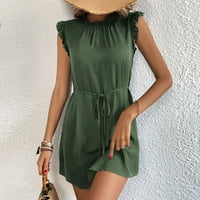 Yubatuo Женски летен небрежен сладък солидна тънка рокля с колани с ший на шията ръкав ръкав мини плажна рокля тъмно зелено xl