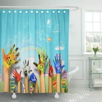 Дете дете човешки ръце в цветна боя, показваща символи баня декор баня завеса за душ