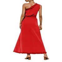 Springtttc жени с една рамо дантелена облицовка Belted Party Maxi рокля
