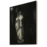 Дизайнарт 'портрет на кон, втренчен в зловещ' отпечатък върху естествена борова дървесина