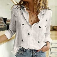 Гилгалисо сделки Мода Жените хлабав бутони птица печат ревера Дълги ръкави тениски Блузтопс