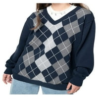 Seyurigaoka жени цветен блок пуловер, Argyle Print с дълъг ръкав V-образно деколте