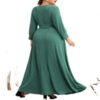 Жените елегантен обикновен зелен в врата а линия Дълъг ръкав плюс размер рокли