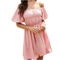 Секси рокли за жени слънце рокля извън рамото къс ръкав плътен розов м
