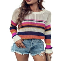 Luethbiez женски пролетни летни плетени дрехи, ежедневни цветни ивици печат с дълъг ръкав кръг за изрязване на шията свободни пуловерни върхове