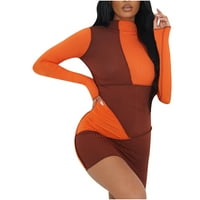 Дамски плюс размер рокля мода с дълъг ръкав с висок врат цвят на яка блокиране на кльощава рокля оранжева 8