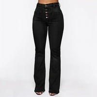 Каянуо панталони за жени дънки мода обратно в училище клирънс Дамски дънки мода средна талия прав джоб дупка дълги панталони черно