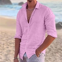 Мъжки ежедневни риза с копче с копче с дълъг ръкав плажна риза твърд цвят ежедневен памук удобни ризи с колана с блуза розово xxxl