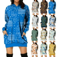 Дамски ежедневни печат пуловер суитчър Дълъг ръкав сива врана рокля с джоб, флот