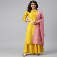 Janasya Indian Women's Yellow Chanderi Silk, изтъкана курта с Palazzo и Dupatta