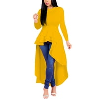 Синцингхао Плюс размер рокля жени-разрошване високи ниски върхове за дълъг ръкав рокля риза Рокли миди рокля Жълт хл