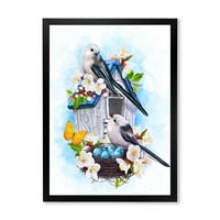 Дизайнарт 'две Птички, седящи в близост до гнездото с яйца и бели цветя'