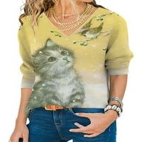 Дамски врат ежедневни тениска дълъг ръкав хлабав Есен Пролет тениска ежедневна Пуловер котка печатни туника блуза жълто 20