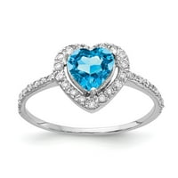 Солидно 14k бяло злато сърце синьо топаз диамантен годежен пръстен размер 7