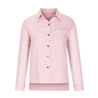 Ризи на funicet за жени плюс размер солидни бутони с ризи v шия разхлабена блуза дълъг ръкав ежедневни върхове на туника с джобни розови s