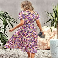 Дамски летни Плаж миди рокля флорален принт къс ръкав обвивка в Вратовръзка - фронт цепка а-линия рокля