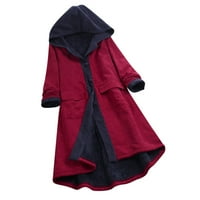 Палта за жени Небрежни кръпки с качулка с качулка с дълъг ръкав счупен ватиран руно ведомче дълго палто червено xxxl ql5436